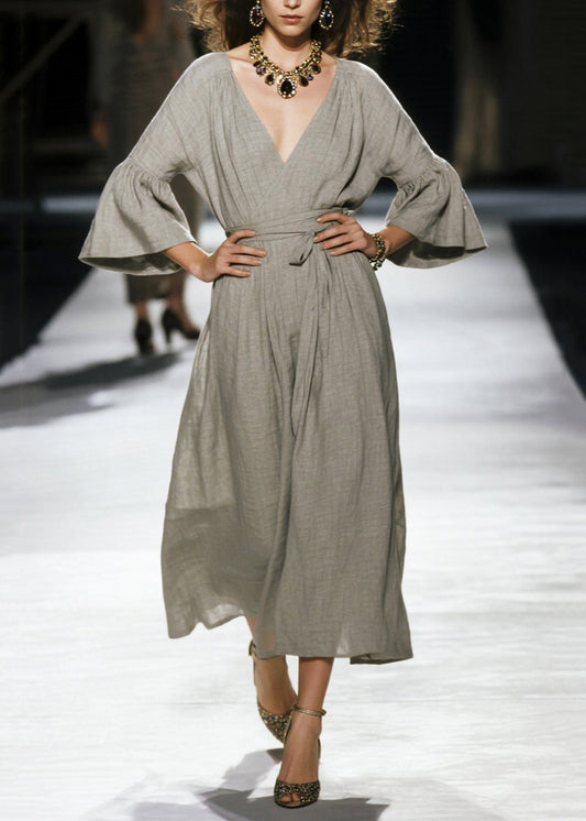 Plus Size Grey Cinched Linen Robe Dresses Flare Sleeve