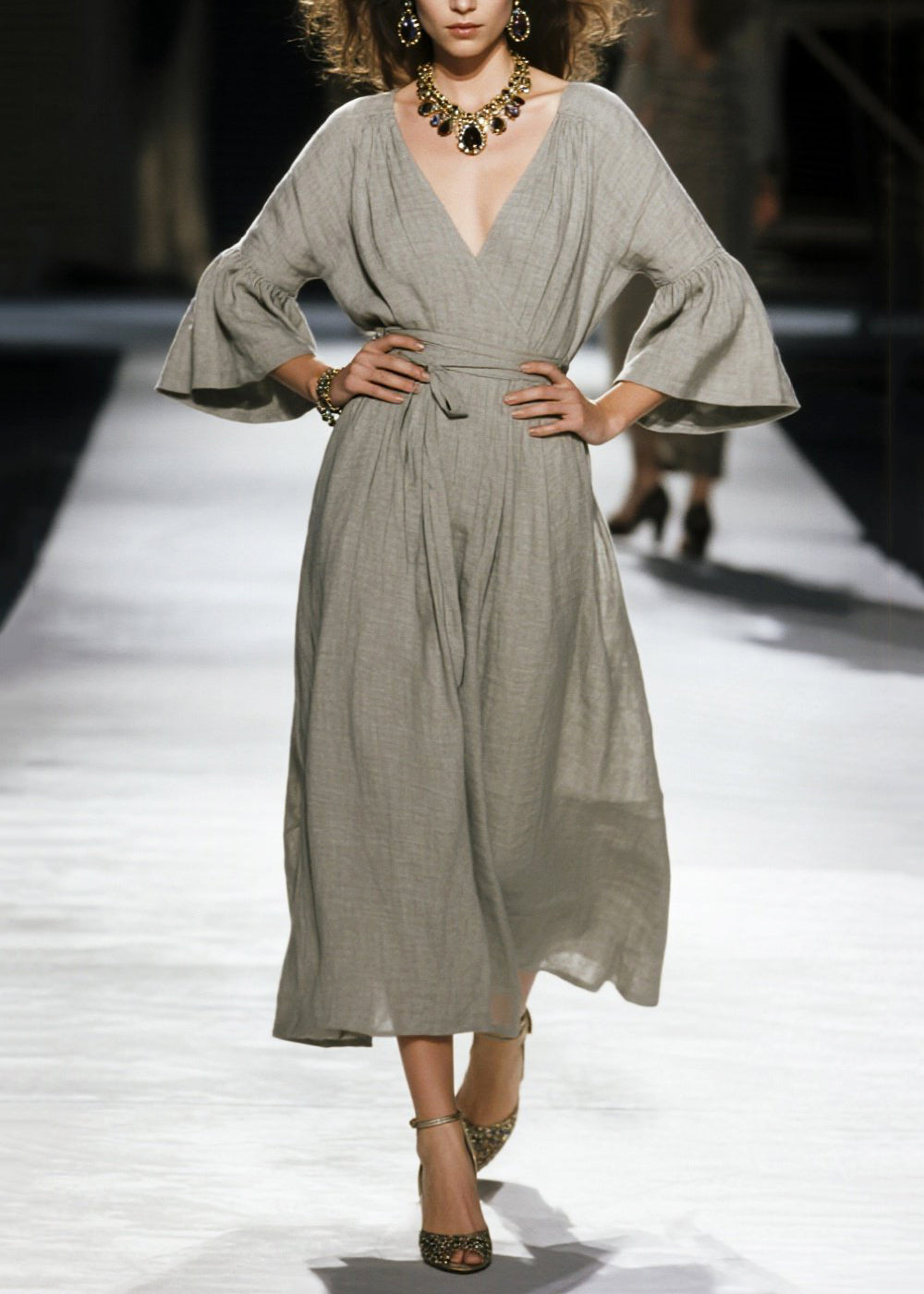 Plus Size Grey Cinched Linen Robe Dresses Flare Sleeve