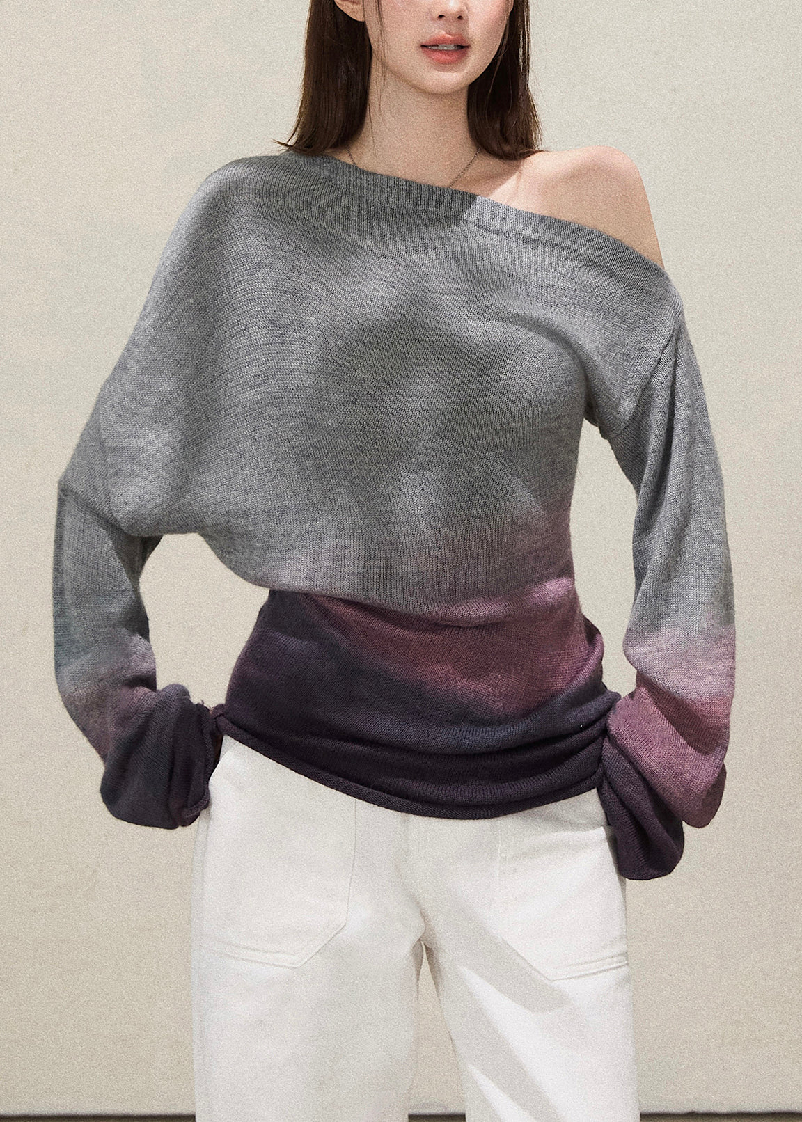 Plus Size Grey Cold Shoulder Tie Dye Knitted Tops Fall