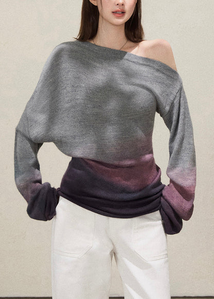 Plus Size Grey Cold Shoulder Tie Dye Knitted Tops Fall