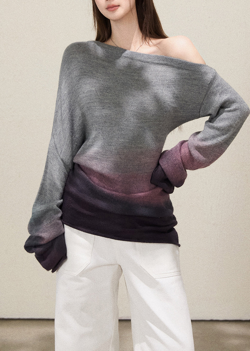 Plus Size Grey Cold Shoulder Tie Dye Knitted Tops Fall