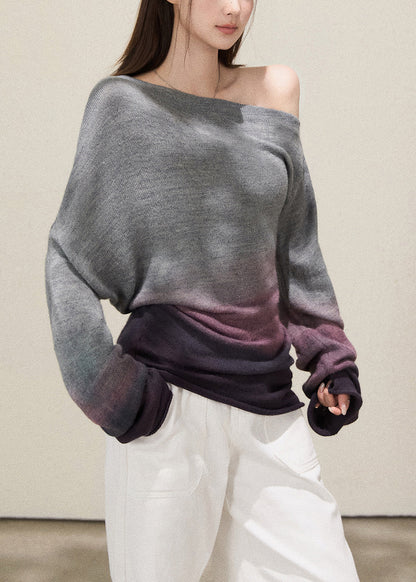 Plus Size Grey Cold Shoulder Tie Dye Knitted Tops Fall