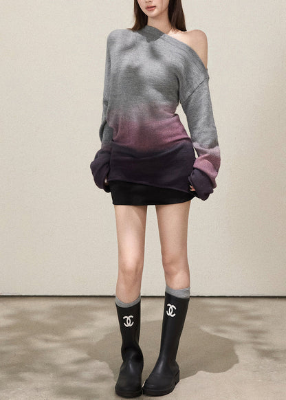 Plus Size Grey Cold Shoulder Tie Dye Knitted Tops Fall