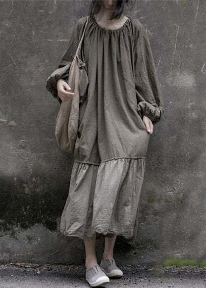 Plus Size Grey Lace Up Wrinkled Patchwork Cotton Long Dresses Spring