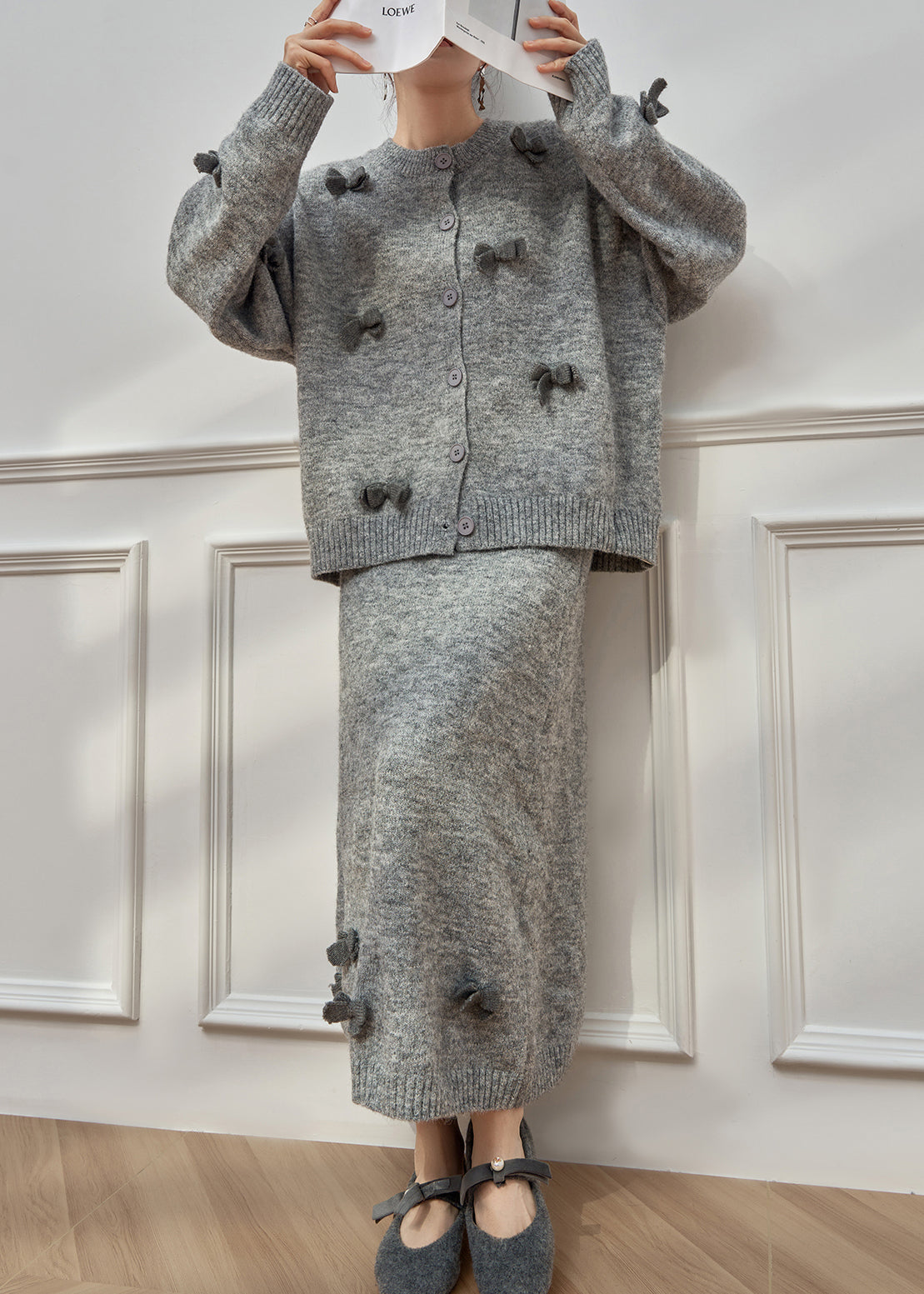 Plus Size Grey O Neck Bow Button Knit Two-Piece Set Winter