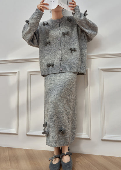 Plus Size Grey O Neck Bow Button Knit Two-Piece Set Winter