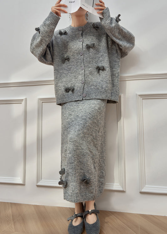 Plus Size Grey O Neck Bow Button Knit Two-Piece Set Winter
