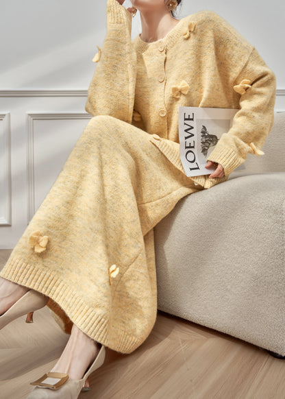 Plus Size Grey O Neck Bow Button Knit Two-Piece Set Winter