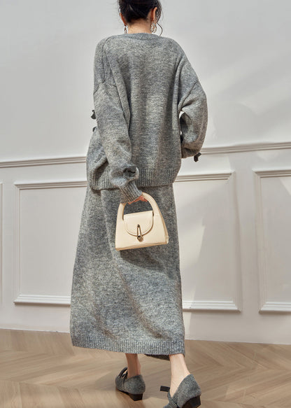 Plus Size Grey O Neck Bow Button Knit Two-Piece Set Winter