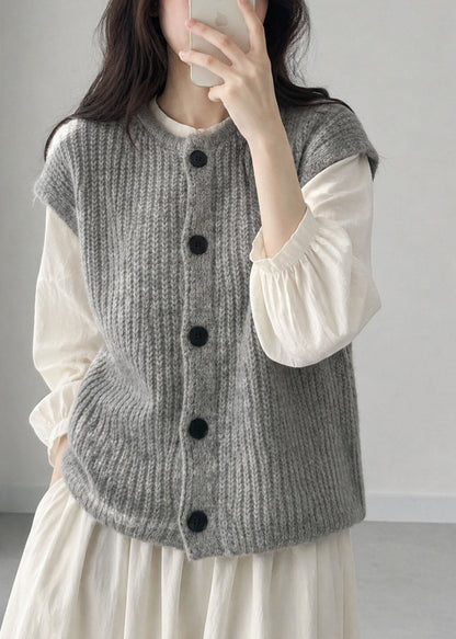 Plus Size Grey O-Neck Patchwork Cotton Knit Waistcoat Short Sleeve