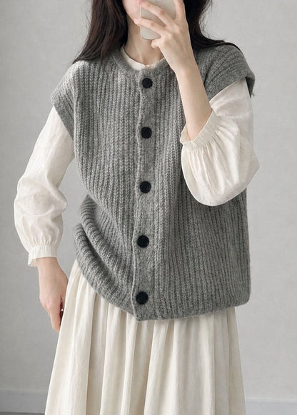 Plus Size Grey O-Neck Patchwork Cotton Knit Waistcoat Short Sleeve