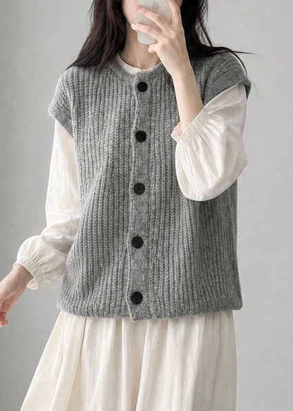 Plus Size Grey O-Neck Patchwork Cotton Knit Waistcoat Short Sleeve