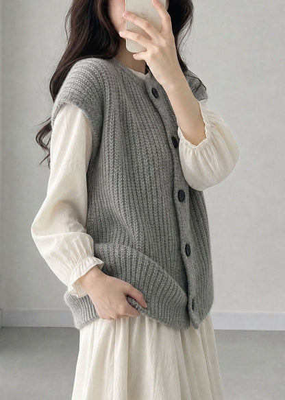 Plus Size Grey O-Neck Patchwork Cotton Knit Waistcoat Short Sleeve