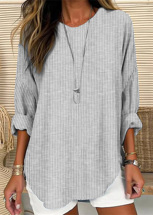Plus Size Grey O Neck Striped Cotton Blouses Long Sleeve