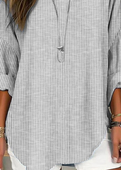 Plus Size Grey O Neck Striped Cotton Blouses Long Sleeve