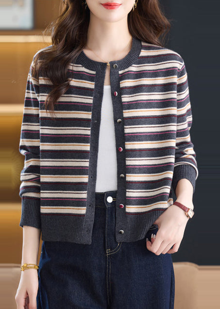 Plus Size Grey O-Neck Striped Knit Cardigans Fall