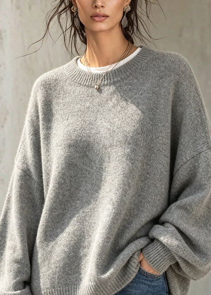 Plus Size Grey O Neck Thick Knit Sweaters Fall