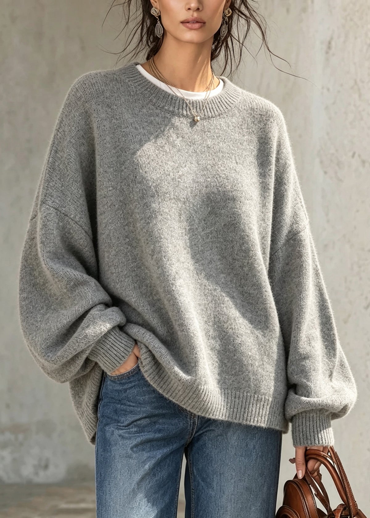 Plus Size Grey O Neck Thick Knit Sweaters Fall