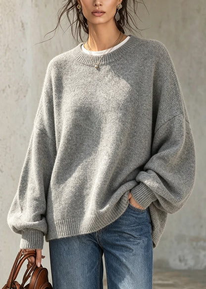 Plus Size Grey O Neck Thick Knit Sweaters Fall