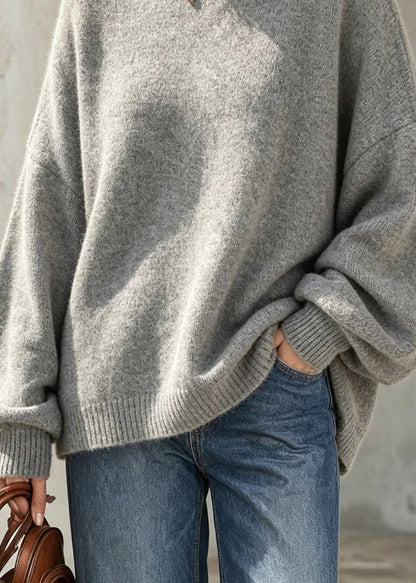 Plus Size Grey O Neck Thick Knit Sweaters Fall