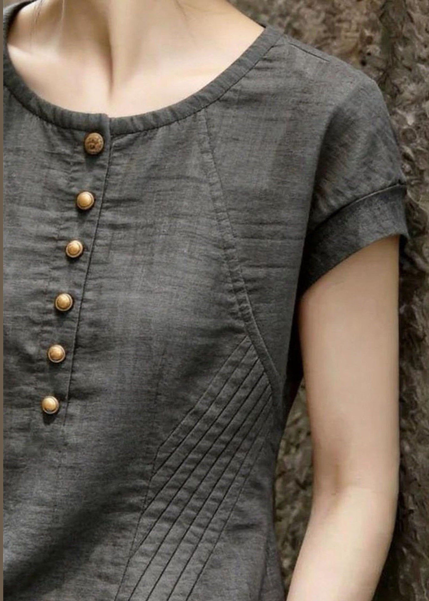 Plus Size Grey O-Neck Wrinkled Cotton Blouse Tops Summer