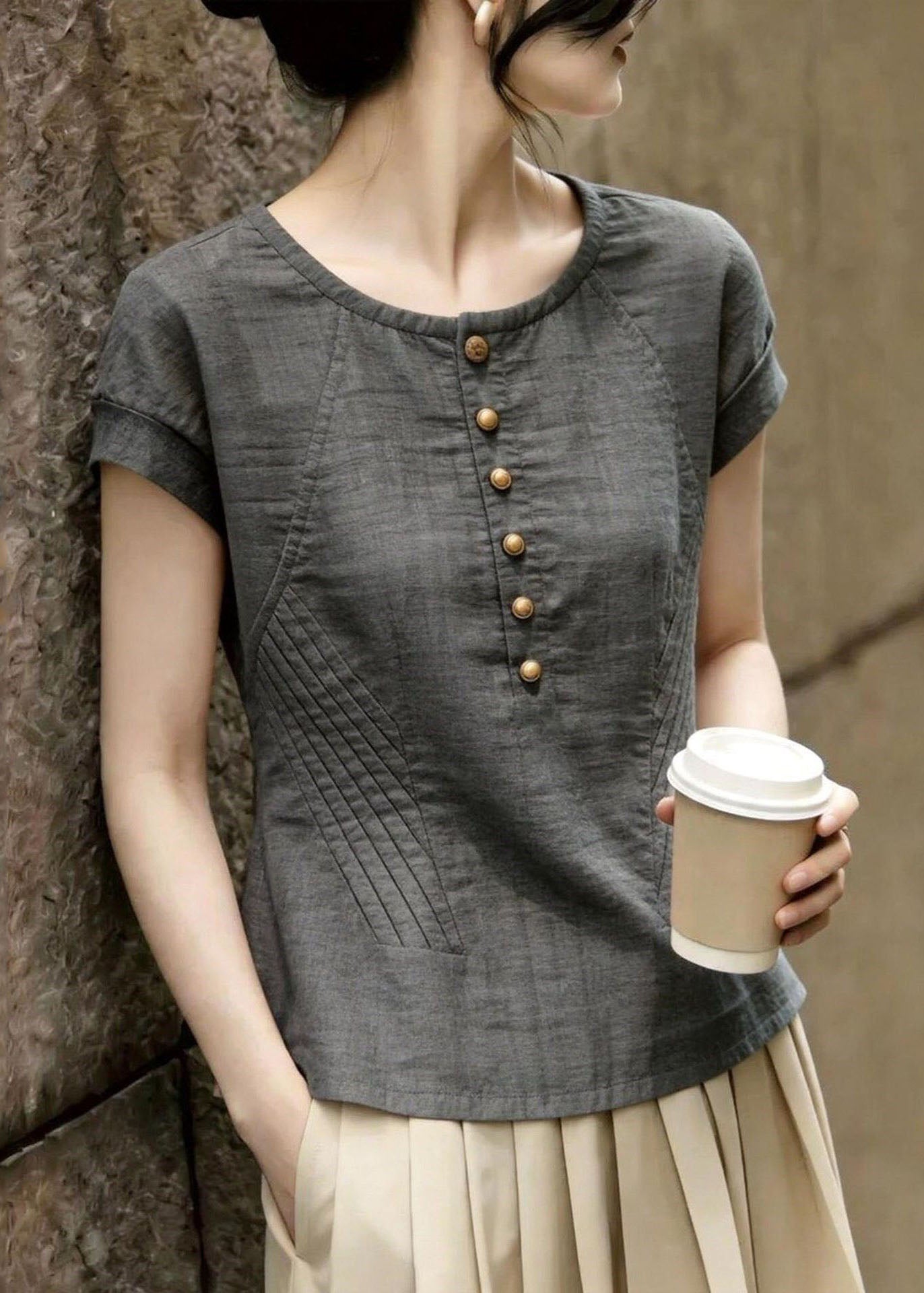 Plus Size Grey O-Neck Wrinkled Cotton Blouse Tops Summer