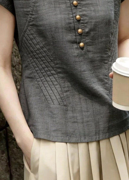 Plus Size Grey O-Neck Wrinkled Cotton Blouse Tops Summer