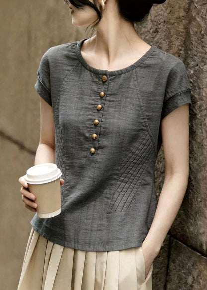 Plus Size Grey O-Neck Wrinkled Cotton Blouse Tops Summer