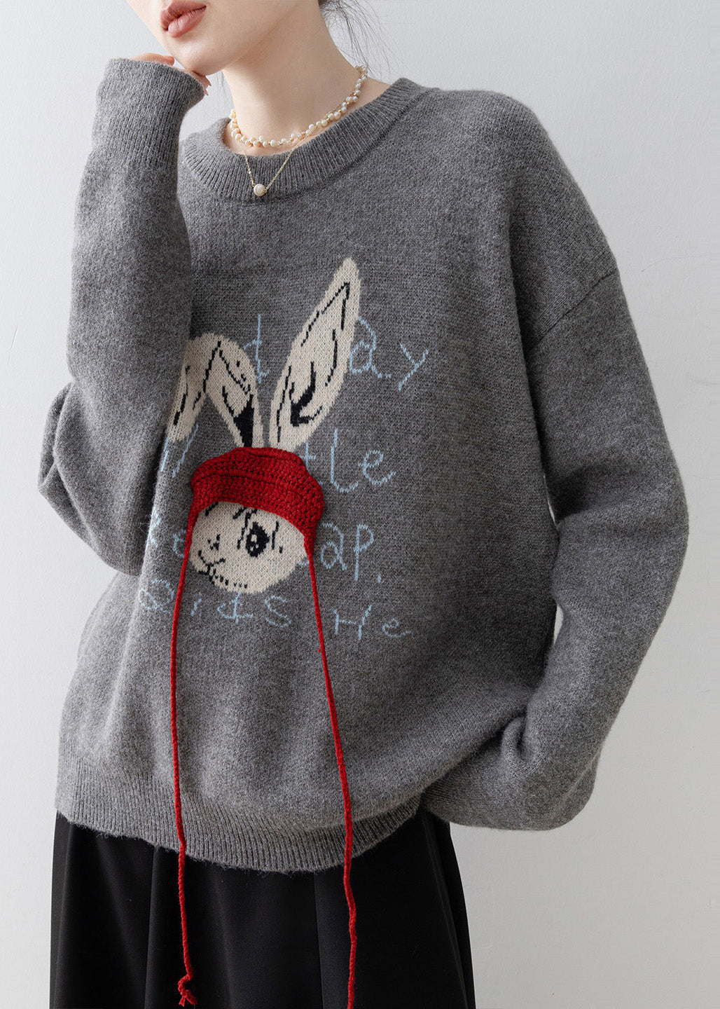 Plus Size Grey Oversized Rabbit Jacquard Knit Pullover Winter