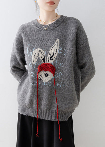 Plus Size Grey Oversized Rabbit Jacquard Knit Pullover Winter