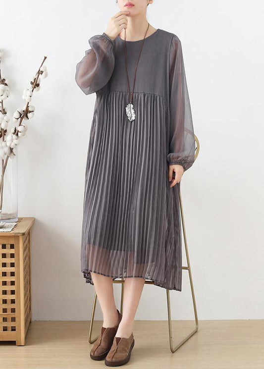 Plus Size Grey Patchwork Chiffon O-Neck Spring Summer Robe Dresses - SooLinen