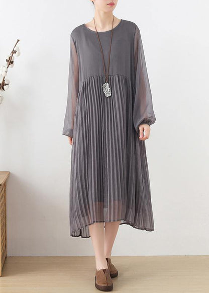 Plus Size Grey Patchwork Chiffon O-Neck Spring Summer Robe Dresses - SooLinen