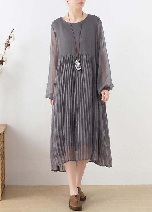 Plus Size Grey Patchwork Chiffon O-Neck Spring Summer Robe Dresses - SooLinen