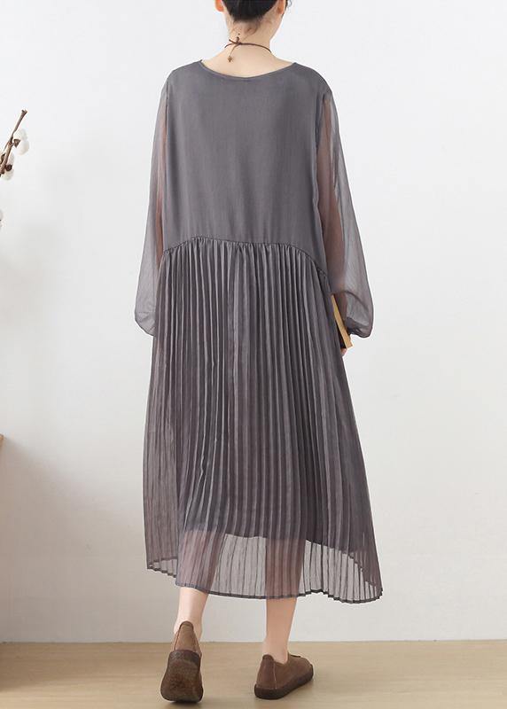 Plus Size Grey Patchwork Chiffon O-Neck Spring Summer Robe Dresses - SooLinen