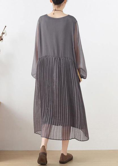 Plus Size Grey Patchwork Chiffon O-Neck Spring Summer Robe Dresses - SooLinen