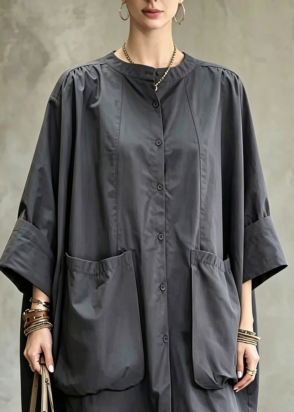 Plus Size Grey Patchwork Solid Shirts Long Sleeve