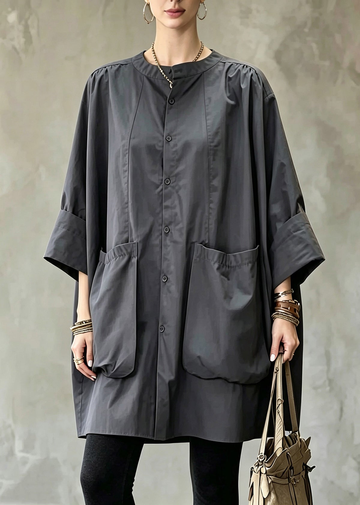 Plus Size Grey Patchwork Solid Shirts Long Sleeve