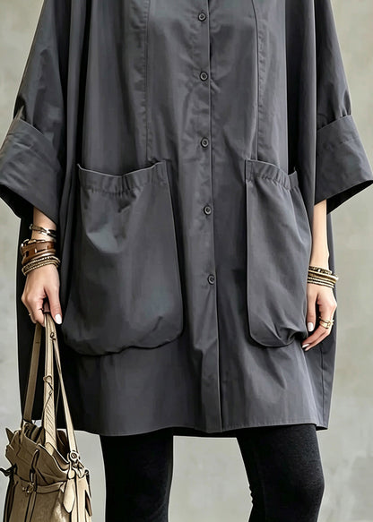 Plus Size Grey Patchwork Solid Shirts Long Sleeve