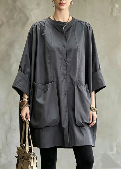 Plus Size Grey Patchwork Solid Shirts Long Sleeve
