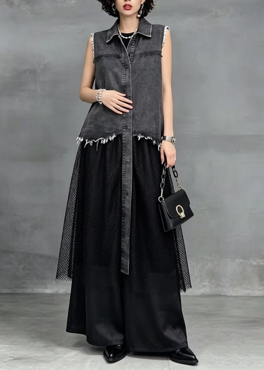 Plus Size Grey Peter Pan Collar Patchwork Denim Long Dress Sleeveless