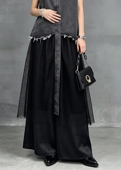 Plus Size Grey Peter Pan Collar Patchwork Denim Long Dress Sleeveless