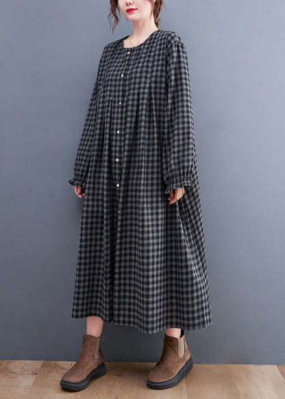 Plus Size Grey Plaid O-Neck Button Maxi Dresses Long Sleeve