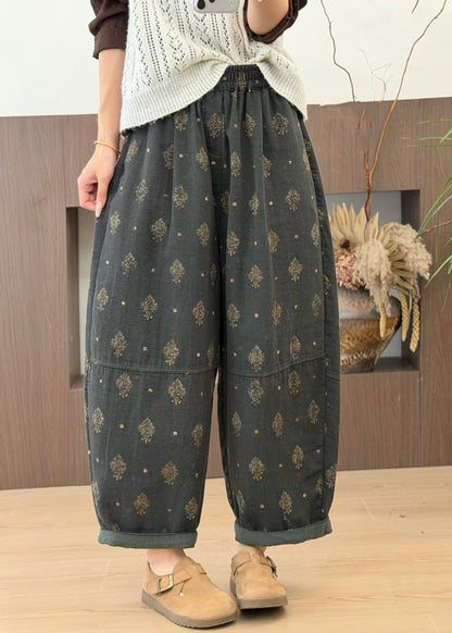 Plus Size Grey Pockets Print Elastic Waist Cotton Pants Fall