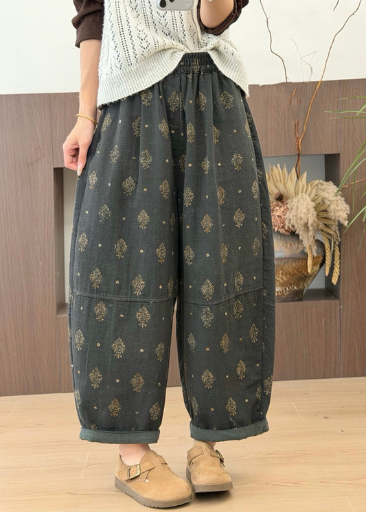 Plus Size Grey Pockets Print Elastic Waist Cotton Pants Fall