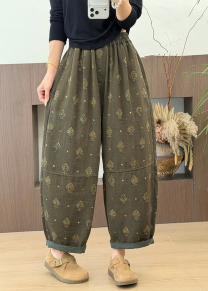 Plus Size Grey Pockets Print Elastic Waist Cotton Pants Fall