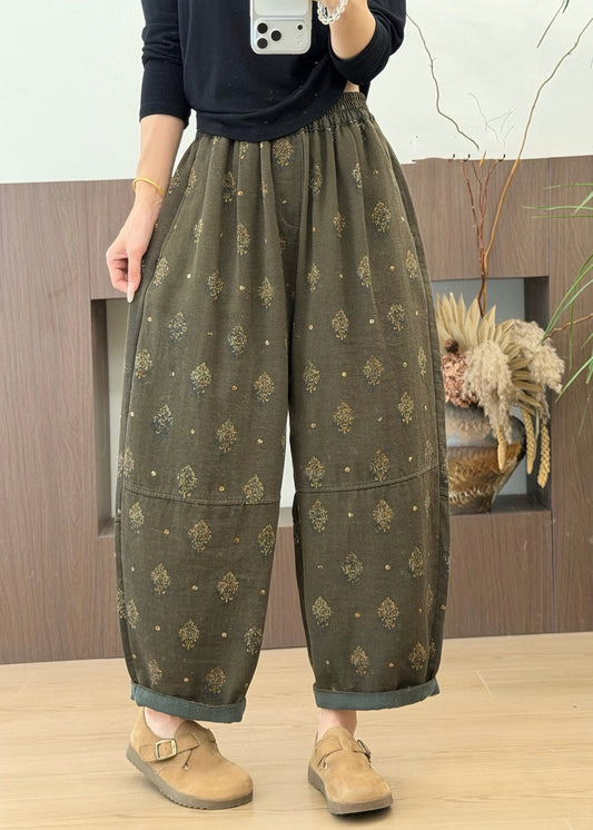 Plus Size Grey Pockets Print Elastic Waist Cotton Pants Fall