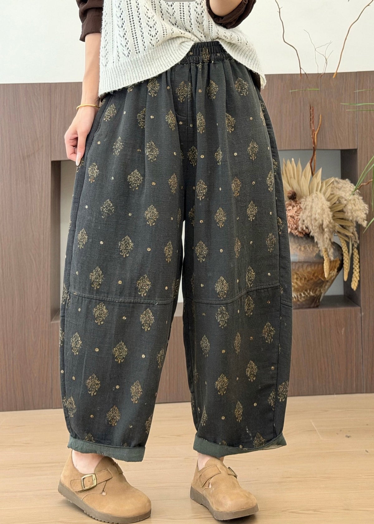 Plus Size Grey Pockets Print Elastic Waist Cotton Pants Fall