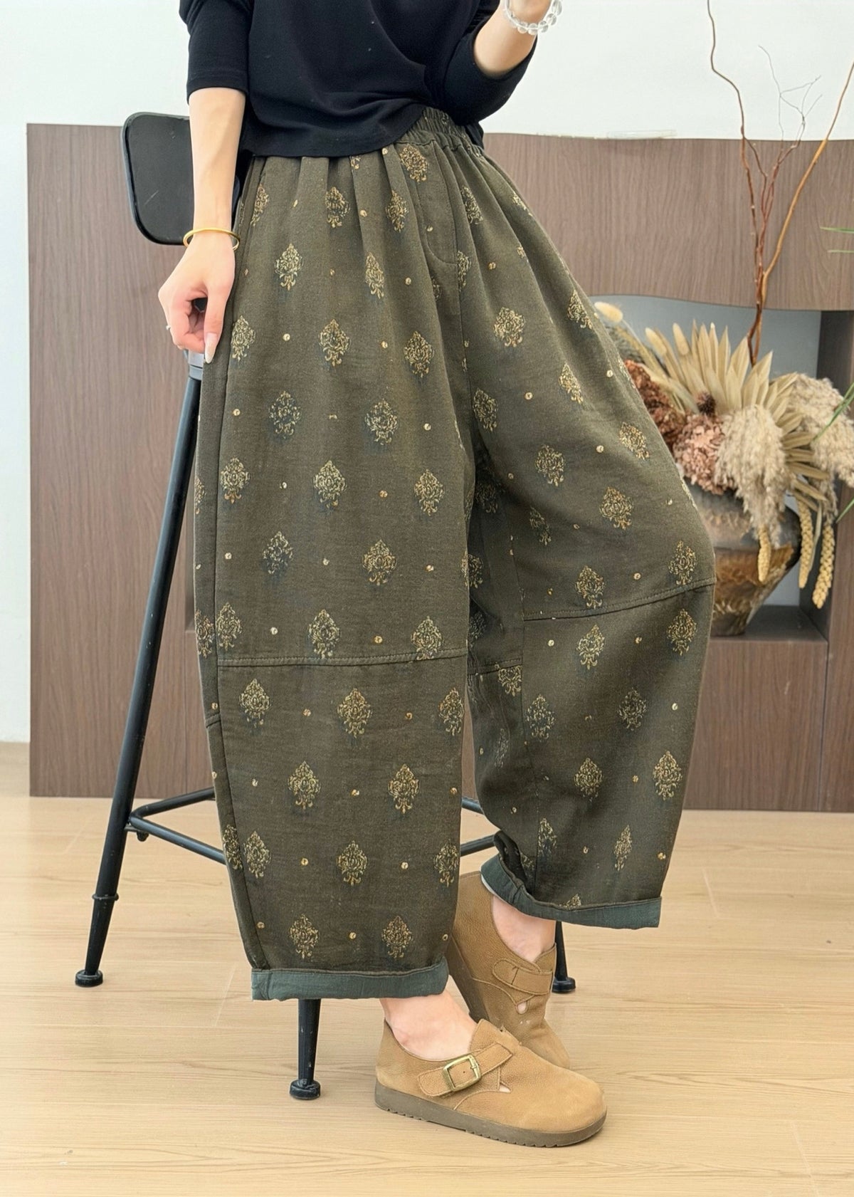 Plus Size Grey Pockets Print Elastic Waist Cotton Pants Fall