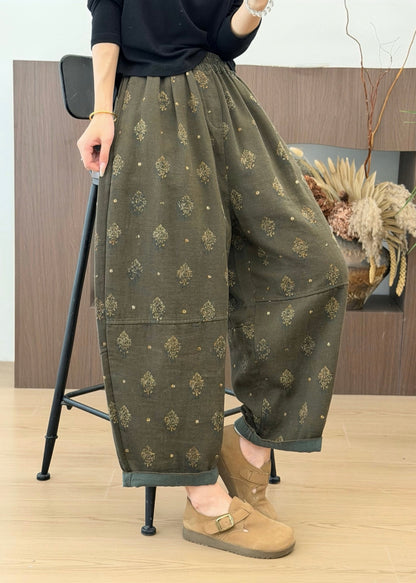 Plus Size Grey Pockets Print Elastic Waist Cotton Pants Fall