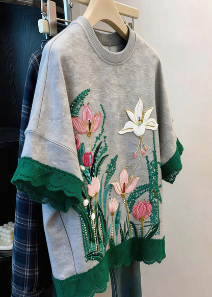 Plus Size Grey Print Patchwork T Shirts Short Sleeve